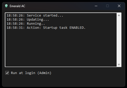 Emerald Anti Cheat console showing startup, updating, and running status messages